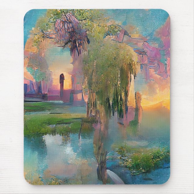 Willow und wisteria am Teich bei Sonnenuntergang Mousepad (Vorne)