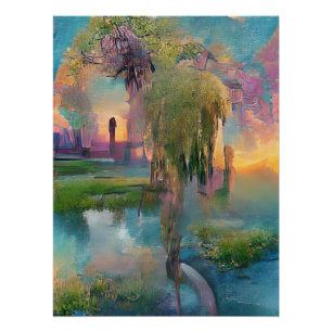 Willow und wisteria am Teich bei Sonnenuntergang Poster