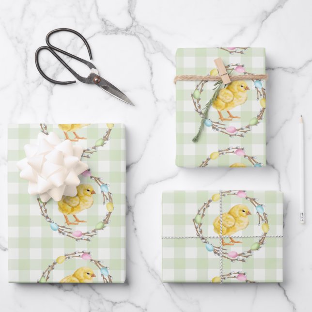 Willow Wreath With Eggs And Chick Green Gingham Geschenkpapier Set (Vorderseite)