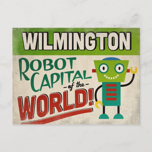 Wilmington North Carolina Robot - Funny Vintag Postkarte (Vorderseite)