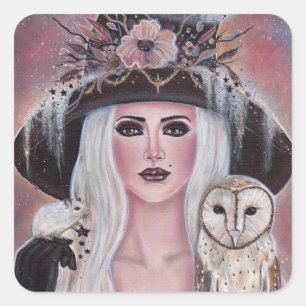 Wilona Hexe mit Eule und Maus von Renee Lavoie Quadratischer Aufkleber