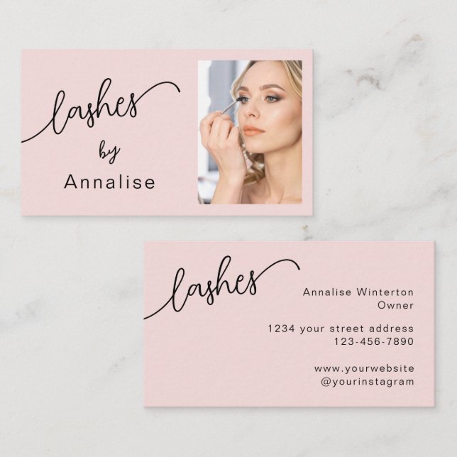 Wimpern Blush Pink Black Script Foto  Visitenkarte (Vorne/Hinten)