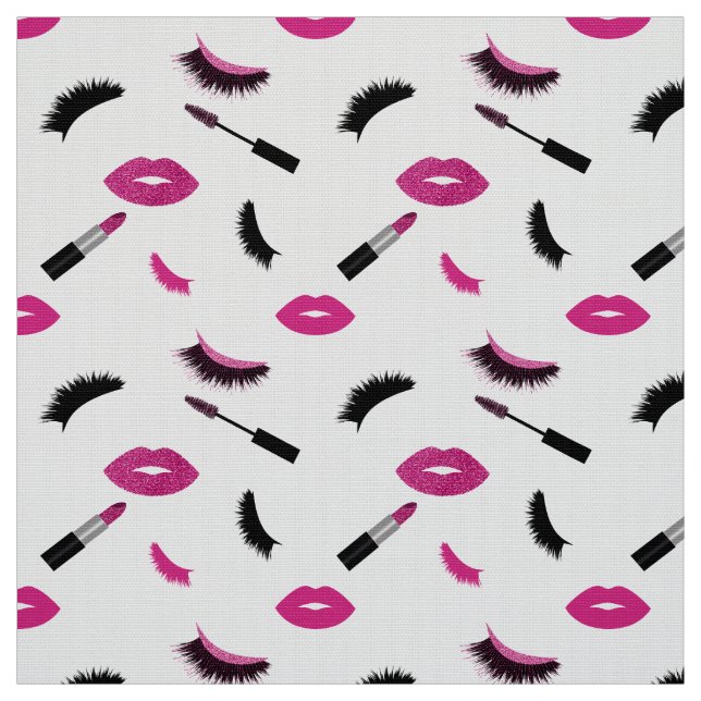 Wimpern, Mascara und Lippenstift mit rosa Glitzer Stoff (Muster)