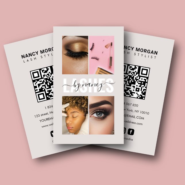 Wimpern Schrift Foto-Collage QR-Code Beige  Visitenkarte (Von Creator hochgeladen)