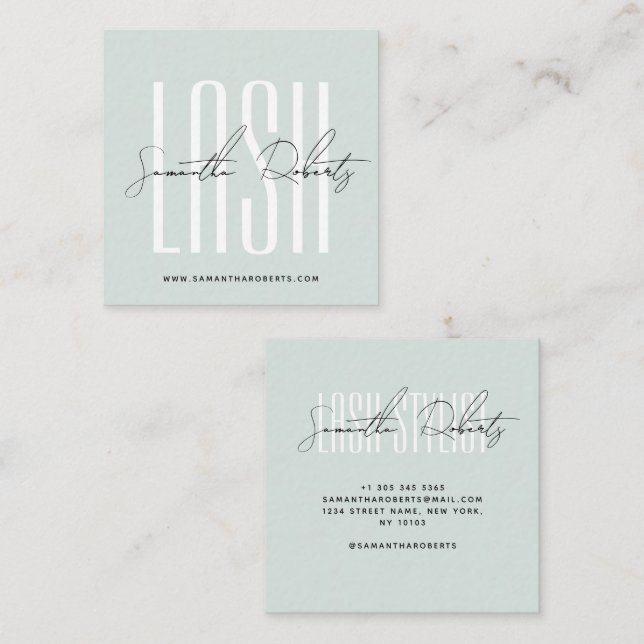 Wimpernstylist moderne Typografieschrift hellblau Quadratische Visitenkarte (Vorne/Hinten)