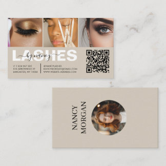 Wimpernstylist Schrift 3 Foto Collage Beige QR Cod Visitenkarte