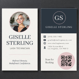 Wimperntechnikerin Blush- und Navy-Foto-QR-Code Visitenkarte