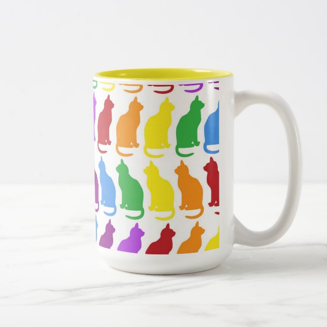 Wimsical helles niedliches Katzen-Neonmuster Zweifarbige Tasse (Rechts)