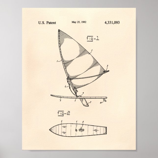 Wind Surfboard 1982 Patent Art Old Peper Poster (Vorne)