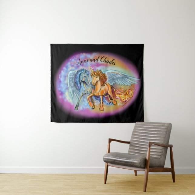 Wind und Flamme, Pegasus und Einhorn Wandteppich (Beispiel (Horizontal))