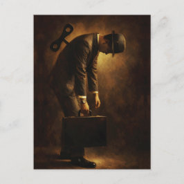Wind-Up Office Man Surreal Routine Grind Oil Paint Postkarte