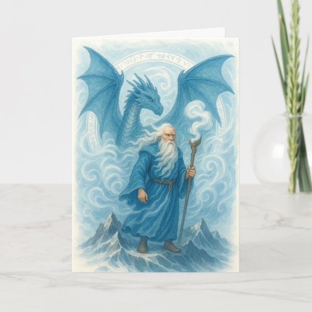 Wind Wizard und Dragon in Blue Watercolor Fantasy Karte (Vorderseite)