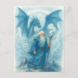 Wind Wizard und Dragon in Blue Watercolor Fantasy Postkarte
