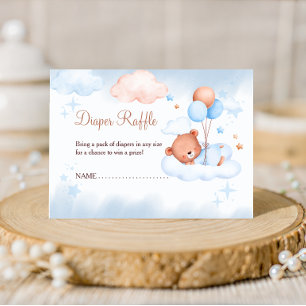 Windel-Raffle Teddybär auf Wolken Blau Baby-Party Begleitkarte