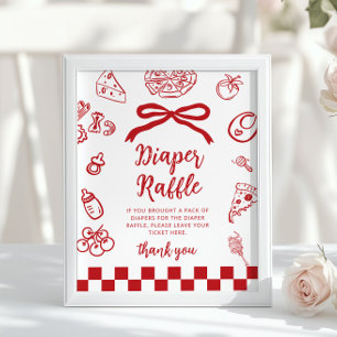 Windel-Raffle Whimsical Red Bow Pizza Baby Shower Poster