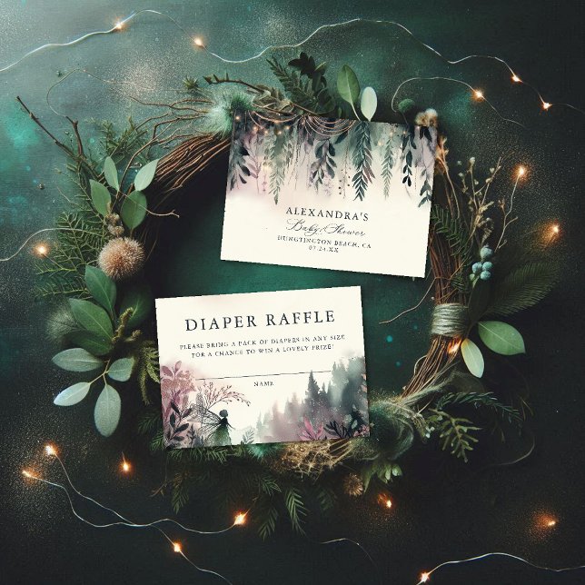 Windeln Raffle Verzauberte Waldbrände Begleitkarte (diaper raffle card baby shower enclosure enchanted forest fairy mountains emerald mauve)