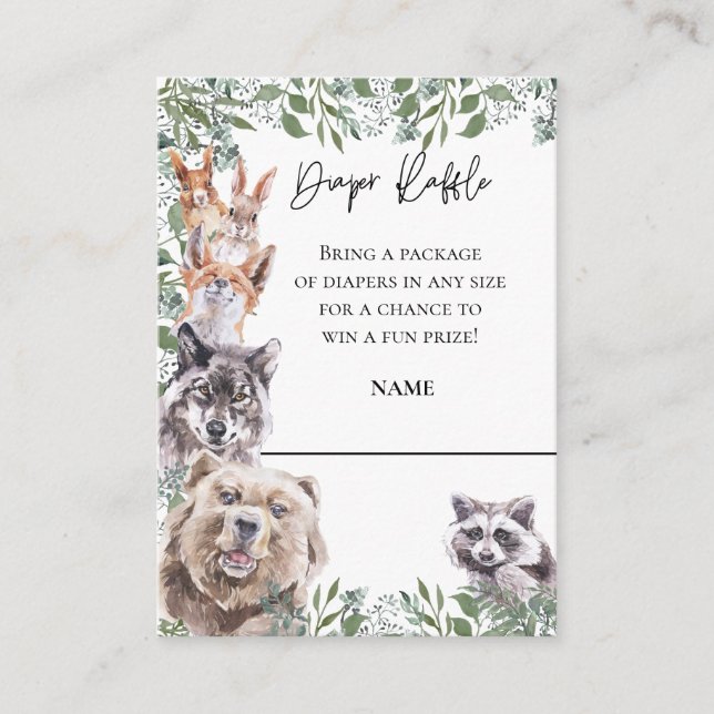 Windeln Raffle Woodland Animals Baby Duschwald Begleitkarte (Vorderseite)
