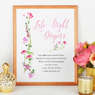 Windelparty bei Nacht Rosa Wildblumen Baby Shower Poster
