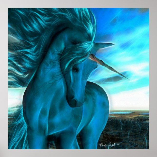 Windgekehrte Unicorn in Azurblau Poster (Vorne)