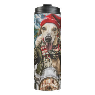 Windhund auf Motorrad zu Weihnachten  Thermosbecher