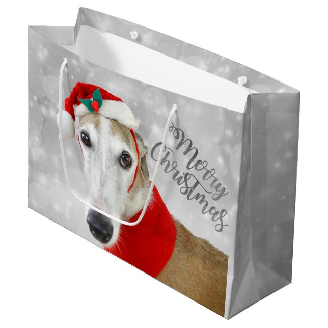 Windhund-frohe Weihnachten Große Geschenktüte (Vorderseite Schrägansicht)