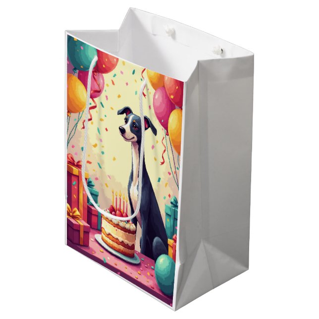 Windhund-Geburtstagsfeier Mittlere Geschenktüte (Vorderseite Schrägansicht)