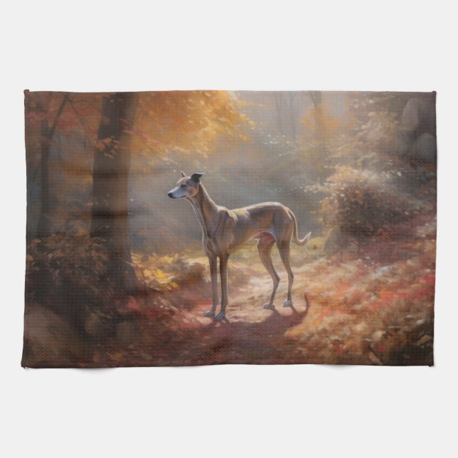 Windhund im Herbst Leaves Fall Inspiriert Geschirrtuch (Horizontal)