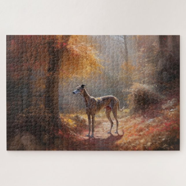 Windhund im Herbst Leaves Fall Inspiriert Puzzle (Horizontal)