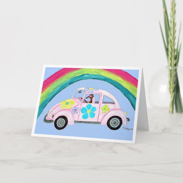 Windhund im Hippie-Auto mit Regenbogen Karte (Vorderseite)