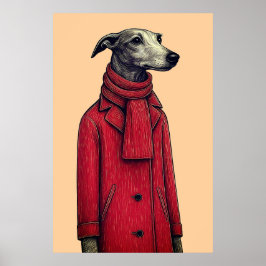 Windhund im roten Wintermantel, stilisierte Zeichn Poster