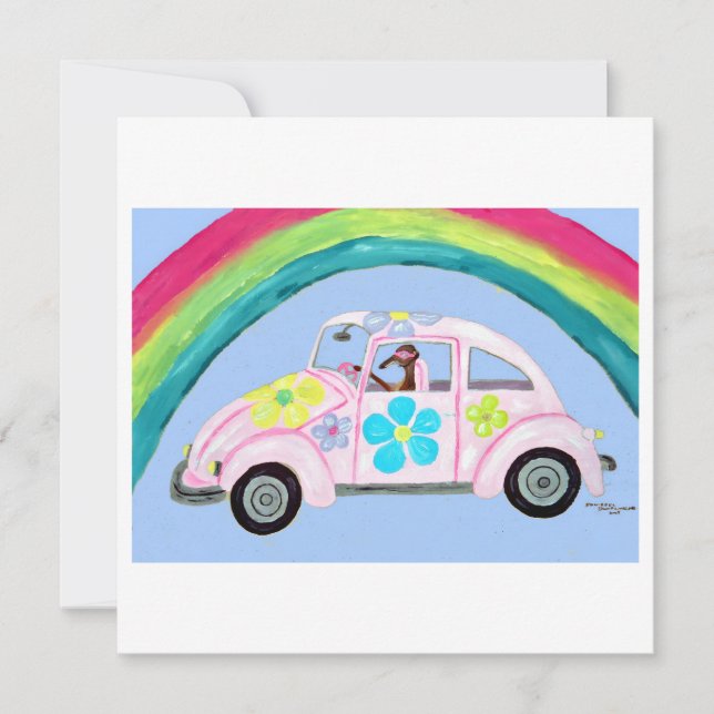 Windhund in Hippie-Auto mit Regenbogen Karte (Vorderseite)