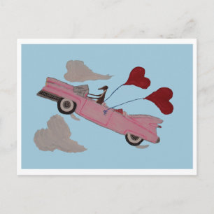 Windhund in rosa Cabrio am Himmel Postkarte