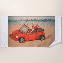 Windhund in rotem Auto am Strand Strandtuch