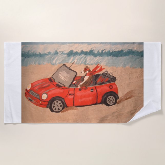 Windhund in rotem Auto am Strand Strandtuch (Vorderseite)