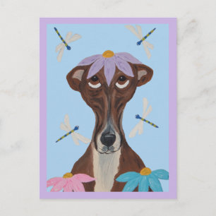 Windhund mit einer Blume auf dem Kopf und Libellen Postkarte