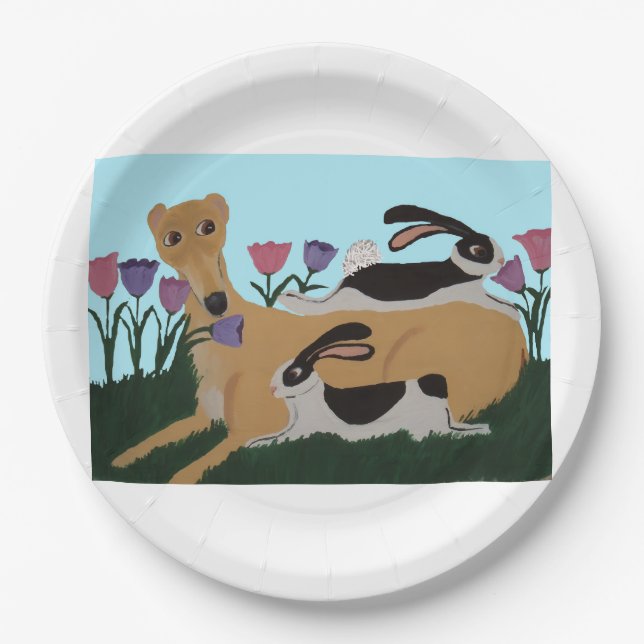 Windhund mit Kaninchen Pappteller (Vorderseite)