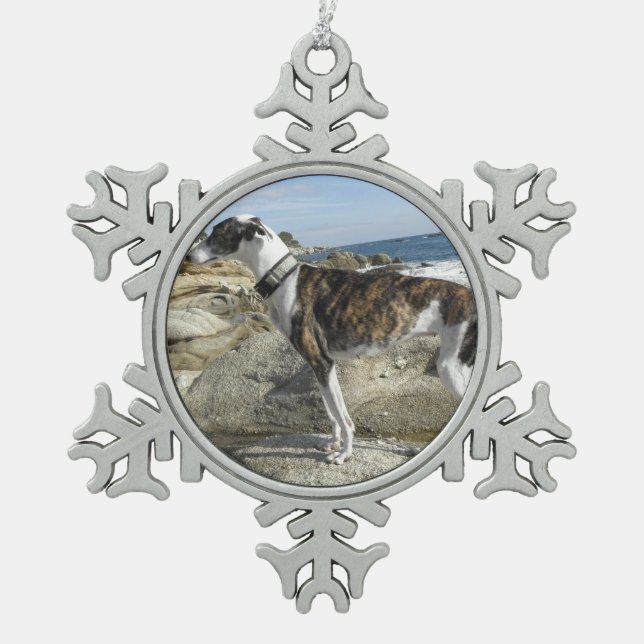 Windhund Schneeflocken Zinn-Ornament (Vorderseite)