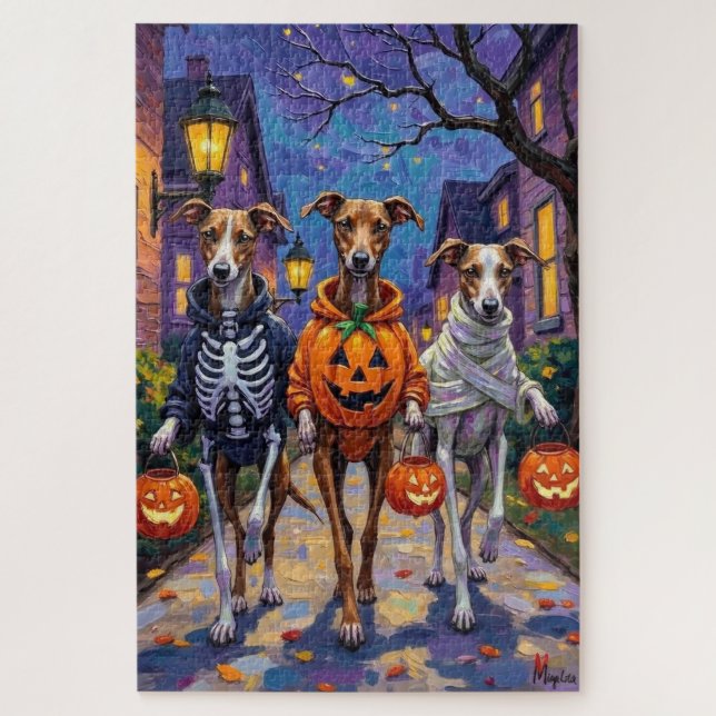 Windhunde beim Süßigkeiten-Sammeln in Halloween-Ko Puzzle (Vertikal)