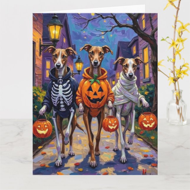 Windhunde beim Süßigkeitenbetteln in Halloween-Kos Karte (Gelbe Blume)