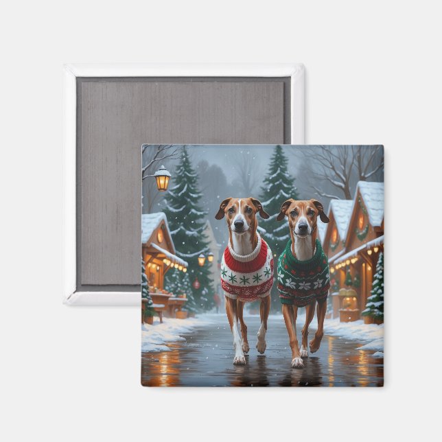 Windhunde Weihnachten Schnee Urlaub Magnet (Vorderseite/Rückseite)