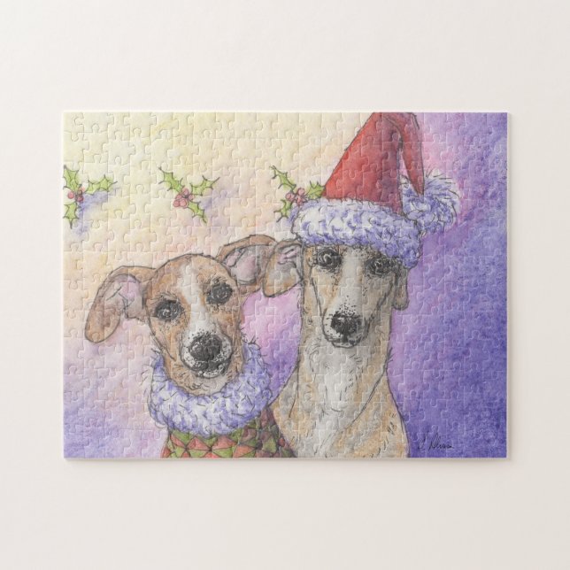 Windhundhunde, die Weihnachtswünsche senden Puzzle (Horizontal)