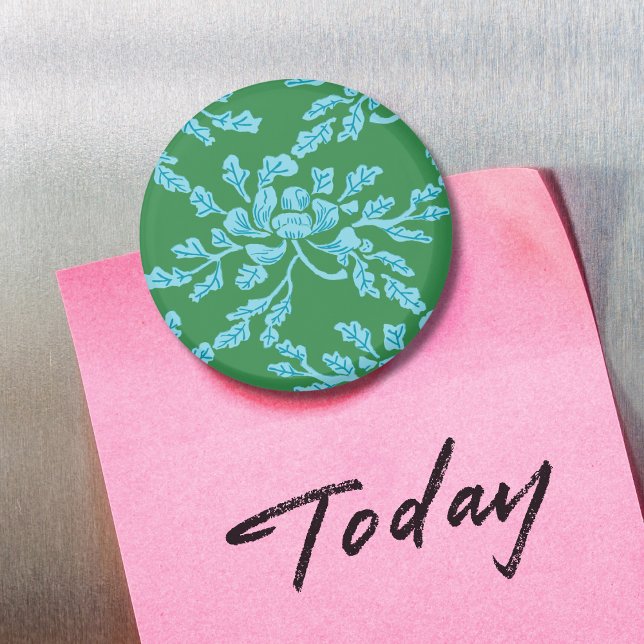 Winding Peony Woodcut in Green and Aqua Magnet (Von Creator hochgeladen)