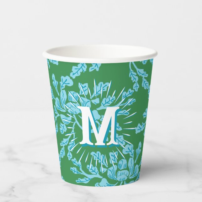 Winding Peony Woodcut in Green + Aqua Personalized Pappbecher (Vorderseite)