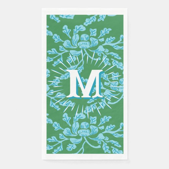 Winding Peony Woodcut in Green + Aqua Personalized Serviette (Vorderseite)