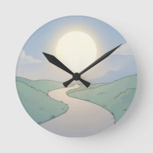 Winding Road Sonnenuntergang Minimalistische Lands Runde Wanduhr