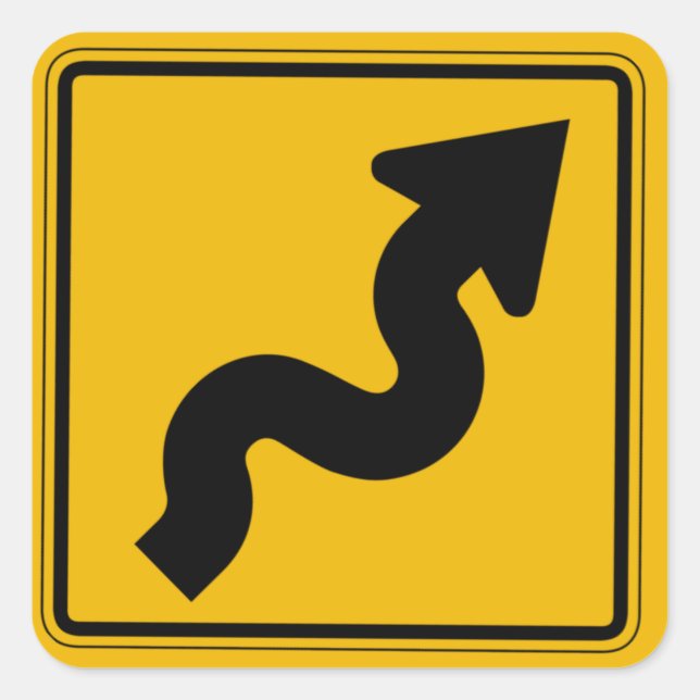 Winding Road, Traffic Warning Sign, USA Quadratischer Aufkleber (Vorderseite)