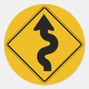 Winding Road, Traffic Warning Sign, USA Runder Aufkleber