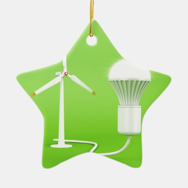 Windkraftanlage und glühende Glühlampe Keramikornament (Vorne)