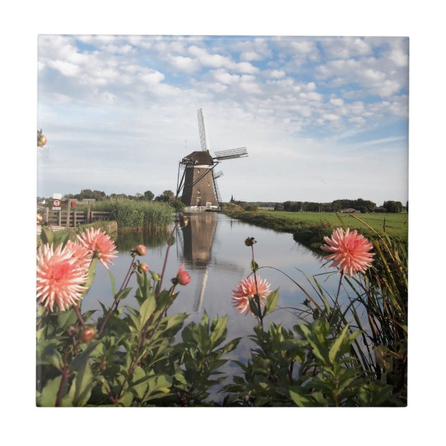 Windmill and flowers in Holland photo tile Fliese (Vorderseite)
