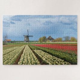 Windmill and tulips landscape in Holland Puzzle